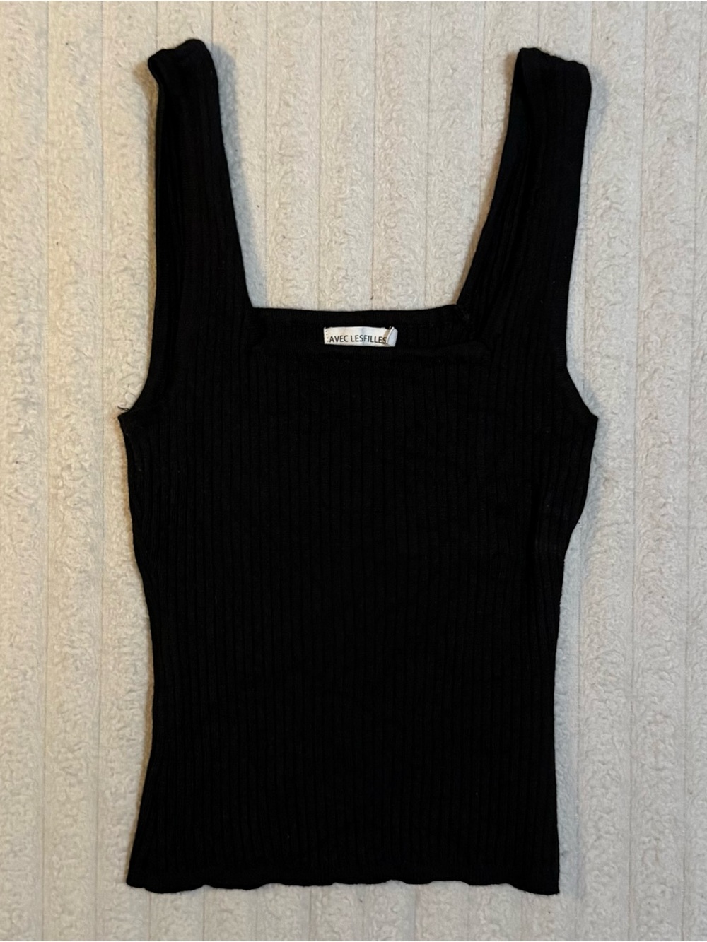 Avec Les Filles Black Ribbed Square Neck Tank Top - Minimalist Basic